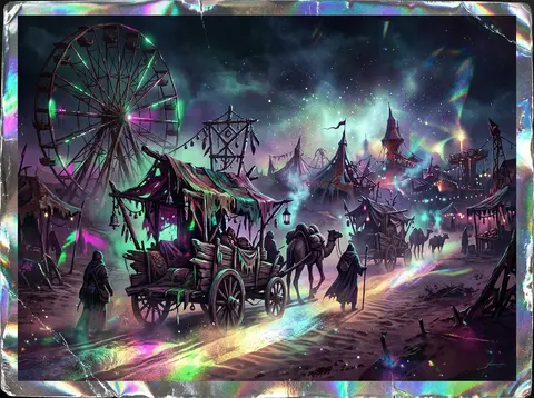 A desert nomad caravan drifting through a midnight carnival of rusted tent spire - AI生成图片 3