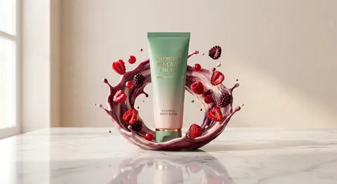A sleek jade-and-blush cosmetic tube labeled “Wildberry Renewal Cream” stands up - AI生成图片 1
