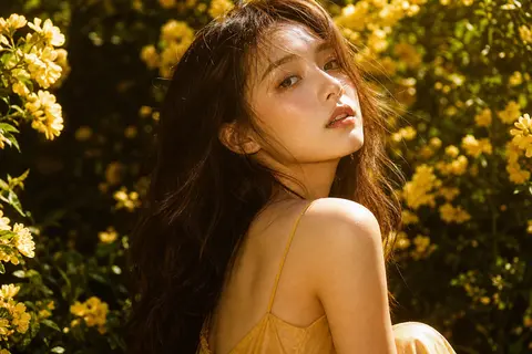 超写实电影感人像摄影，严格参考原图人物姿态与构图：一位年轻女性坐姿出镜，柔和的三分之侧脸，身体微微背向镜头，头部轻轻向上并向后转向镜头，视线略高于平视线，神情安 - AI生成图片 1