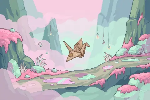 A playful whimsical 16-bit pixel art scene of a living origami paper crane with - AI生成图片 1