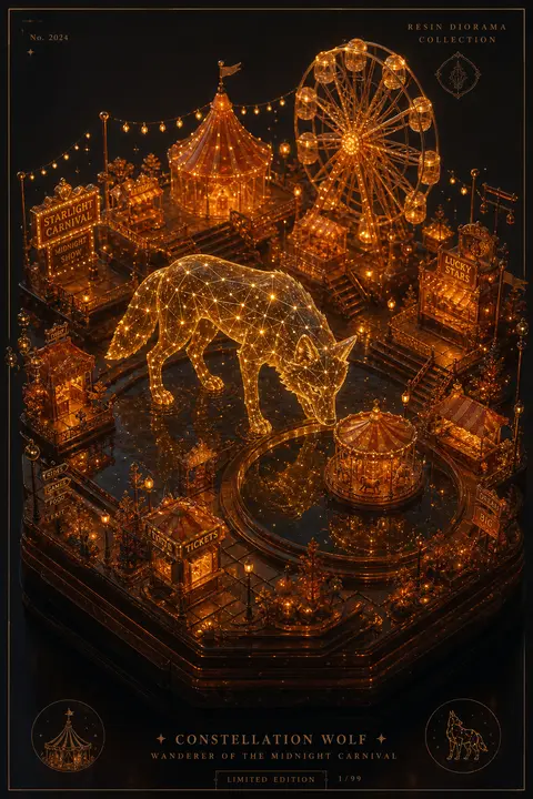 An intimate isometric miniature scene of a wolf formed entirely from glowing con - AI生成图片 2