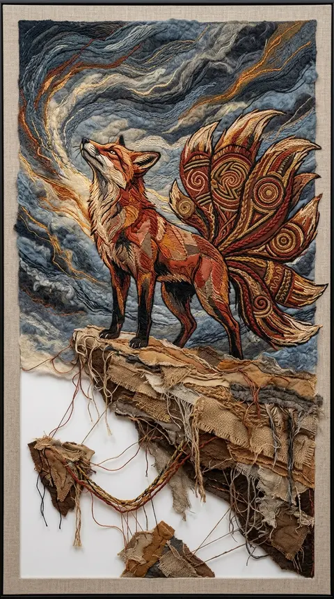 A looming nine-tailed fox spirit poised on the lip of a fractured sky island, se - AI生成图片 1
