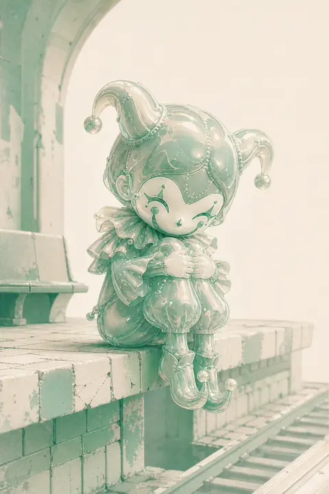Q版3D公仔风格的蒙面嘉年华杂技演员，夸张圆头与迷你躯干比例，轻盈蜷坐在废弃地铁站台边缘，脚尖悬空，手臂环抱发光的膝盖，姿态像在偷偷酝酿一个恶作剧；面具造型俏皮 - AI生成图片 1