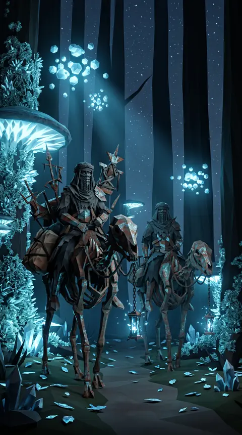 A silent desert nomad caravan threading through a bioluminescent midnight forest - AI生成图片 1
