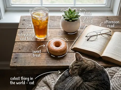 Top-down flat lay on a rustic wooden table, cozy aesthetic, soft natural light. - AI生成图片 2
