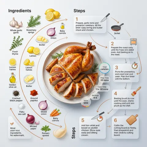 Ultra-clean modern recipe infographic for roast chicken. Feature the finished ro - AI生成图片 2