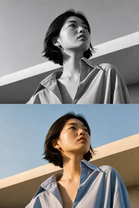 Low-angle fashion editorial shot of an East Asian woman with a short black bob h - AI生成图片 2