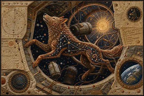 An embroidered textile tableau of a constellation-born wolf drifting through an - AI生成图片 2