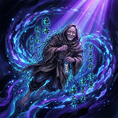 An elderly fisherman, smiling with weathered calm, drifting through an underwate - AI生成图片 3