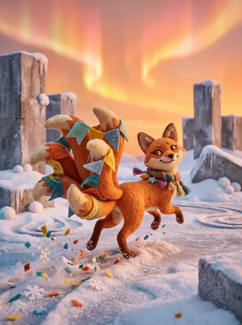 A whimsical nine-tailed fox spirit sculpted from plush felt prances across a fro - AI生成图片 1