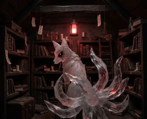 A mysterious nine-tailed fox spirit composed of frosted crystal stands amid a cr - AI生成图片 2