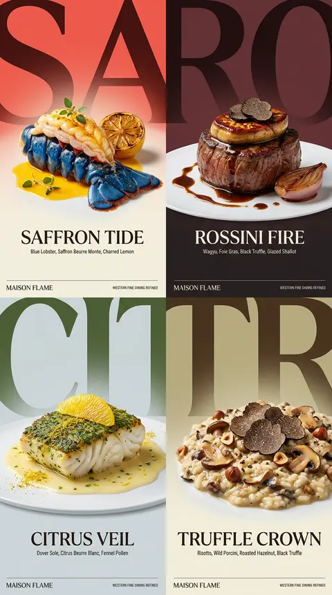 Create an ultra-premium horizontal 2x2 four-panel Western fine-dining campaign p - AI生成图片 2