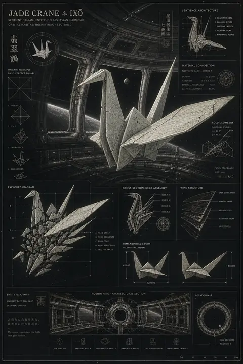 A dreamlike blueprint schematic of a sentient origami paper crane poised in stil - AI生成图片 1