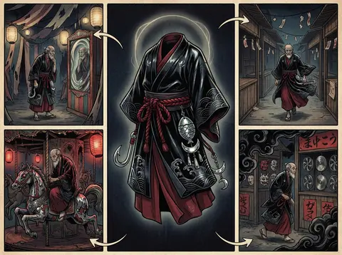 An eerie ukiyo-e woodblock fashion tableau centered on an elderly fisherman drap - AI生成图片 4