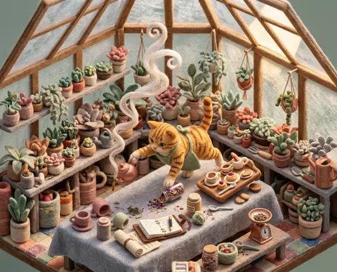 等距微缩场景，一只掌管茶舍的虎斑猫在通透温室中央的软毡长桌上掀起忙乱晨间仪式：前爪同时拨动小铜壶、倾倒花草茶罐、踩乱点心托盘，茶蒸汽像卷曲丝带冲上玻璃穹顶；四周 - AI生成图片 2