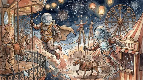 At midnight beneath a sprawling carnival of crooked ferris wheels and ribbon-lit - AI生成图片 2