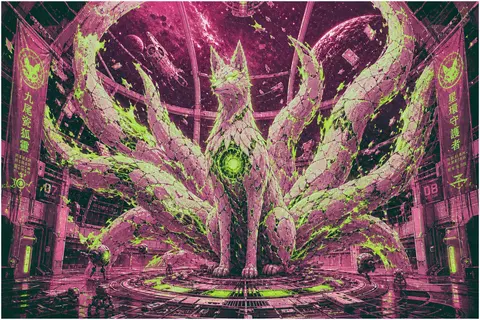 竖版构图，一张史诗感十足的轨道空间站主题视觉海报：中央矗立一只巨大的九尾狐灵，身躯如破裂瓷器雕成，裂纹间迸发酸性霓虹绿光，九条尾巴如神圣彗尾般向外铺展，占据整个 - AI生成图片 1