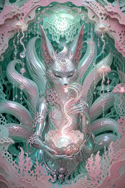 A mythical nine-tailed fox spirit suspended in a tranquil underwater abyss, port - AI生成图片 1