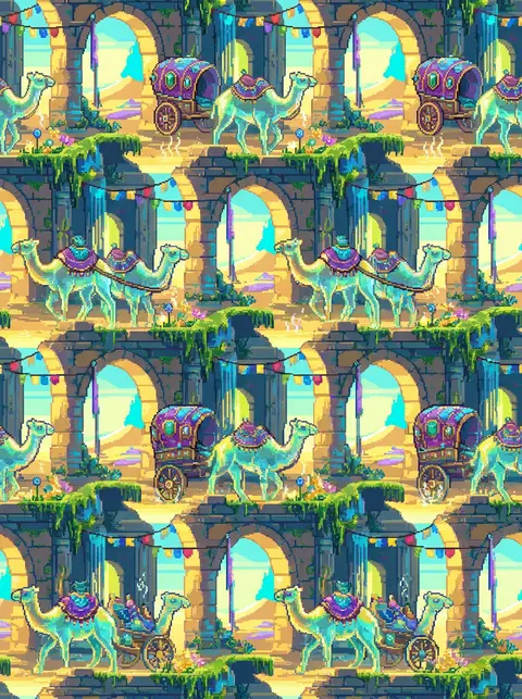 Seamless repeating 16-bit pixel art pattern depicting a joyful desert nomad cara - AI生成图片 1