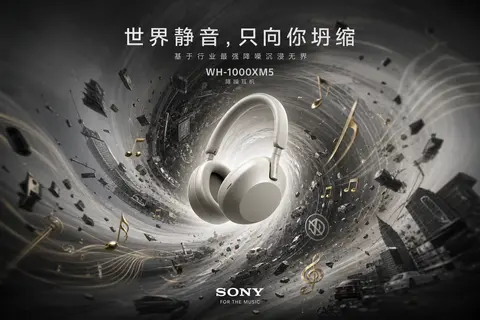 为Sony WH-1000XM5降噪耳机制作「万有引力」产品广告海报。主体：Sony WH-1000XM5降噪耳机悬浮于视觉中心，作为强大引力源，将可视化声波波 - AI生成图片 1