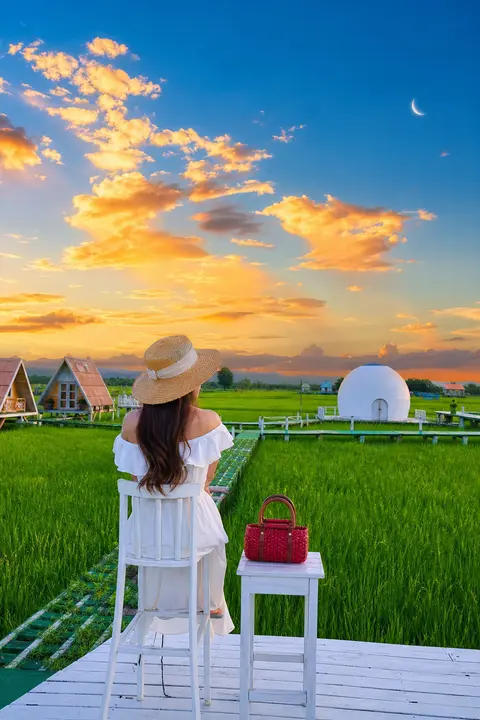Vertical pastoral healing landscape portrait photography, back view of young wom - AI生成图片 1
