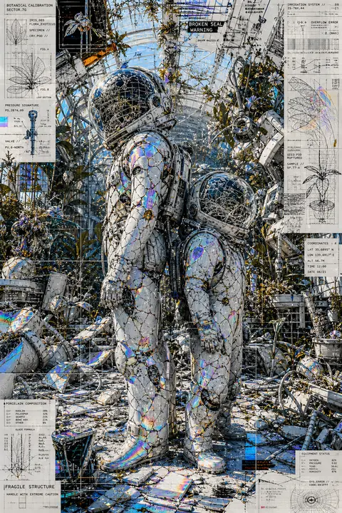 Blueprint-style editorial collision inside a blazing glass conservatory at noon: - AI生成图片 1