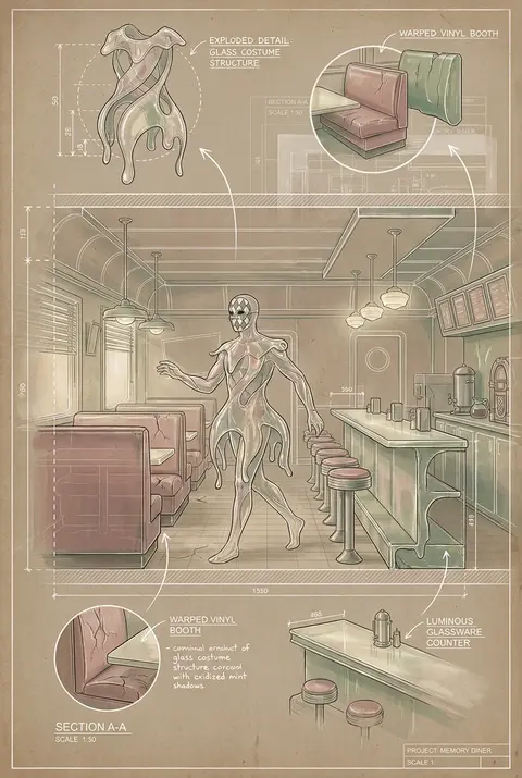 A wistful blueprint-style scene inside a 1950s chrome diner, centered on a maske - AI生成图片 3