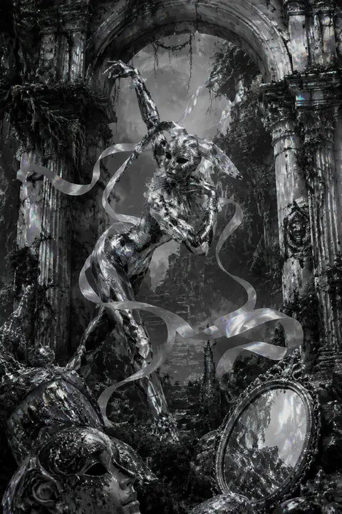 a wistful masked carnival acrobat poised among collapsing temple arches furred w - AI生成图片 1
