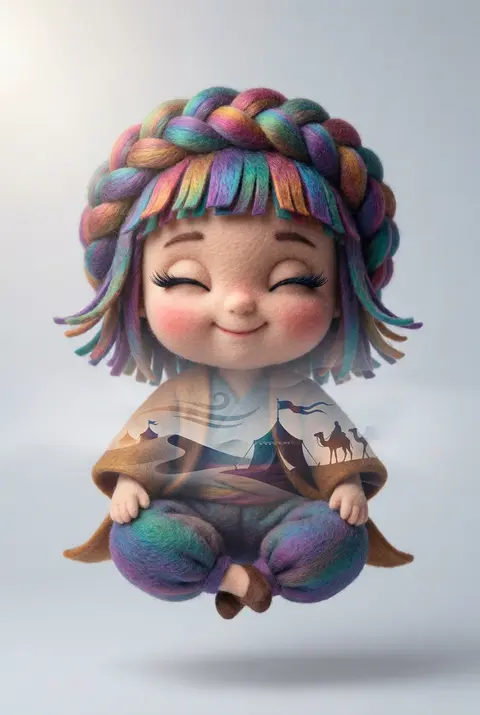 一支由绒毡拼接而成的荒漠游 caravan 在黎明沙海中央轻盈停驻，主角是一位夸张比例的幼态沙旅领队：超大的脑袋与极小的身躯，盘腿悬浮在离地数寸的晨雾里，闭目含 - AI生成图片 1