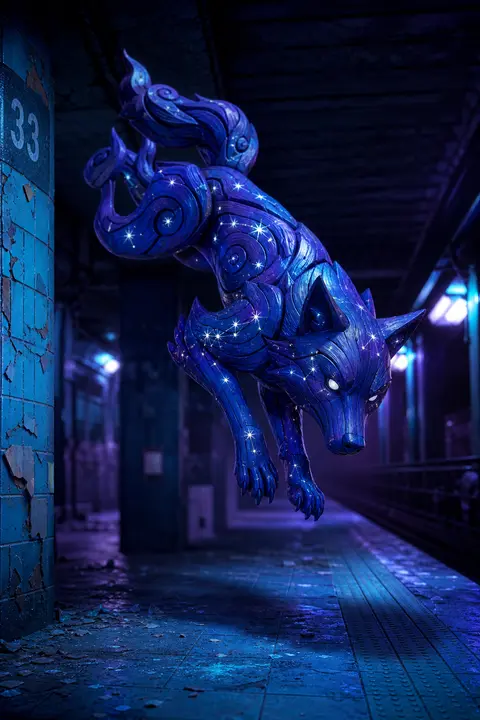 a serene constellation-wolf sculpted in lacquered wood, drifting through an aban - AI生成图片 2