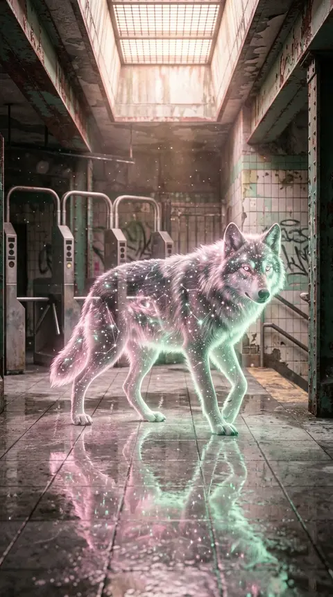 double-exposure photography of a wolf made of constellations prowling an abandon - AI生成图片 2