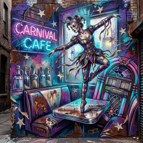 A masked carnival acrobat poised on the chrome edge of a 1950s retro diner booth - AI生成图片 1