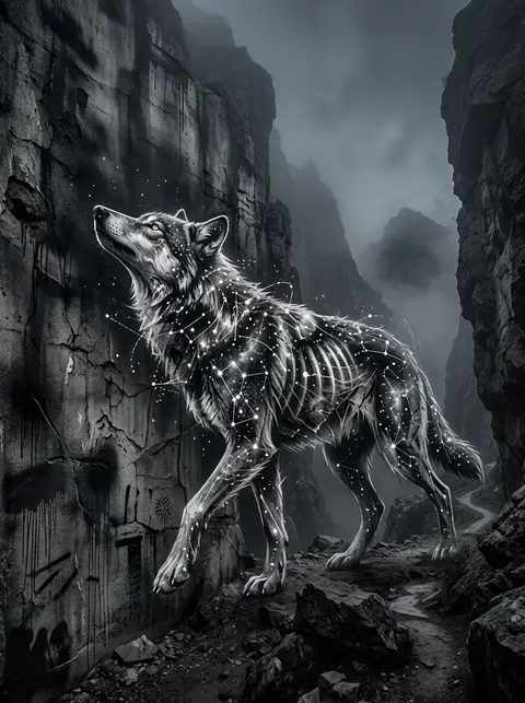 An ultra-detailed graffiti street mural of a spectral wolf formed entirely from - AI生成图片 3