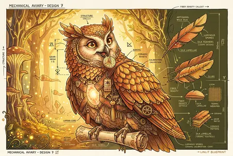 一只发条猫头鹰作为画面核心，置身于会发光的夜林深处，整幅作品以古老工程蓝图示意图的方式呈现，却反常地充满欢快、明亮、近似晨光洒落般的愉悦气息。竖幅 4:5，主体 - AI生成图片 1