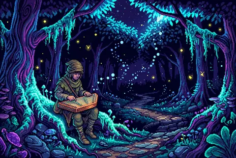 A dreamy 16-bit pixel art scene of a wandering street musician in a bioluminesce - AI生成图片 1