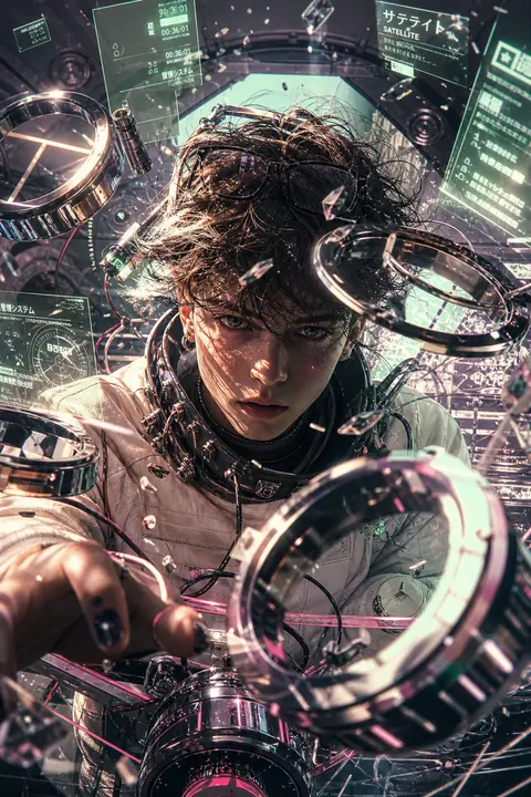 A young tinkering inventor on an orbital space station, framed in a tight vaporw - AI生成图片 1