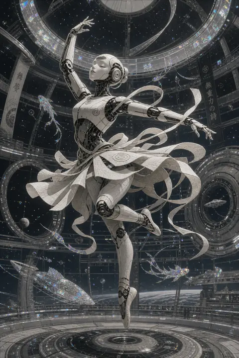 A robotic ballet dancer suspended in a vast orbital space station atrium, drifti - AI生成图片 2