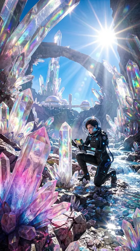 一幅超高细节、电影级科幻幻想场景：异星水晶峡谷中林立着巨大的半透明虹彩晶体，宛如石英与欧泊融合而成，表层折射出斑斓彩虹光点与强烈棱镜眩光；数座由庞然晶体生长形成 - AI生成图片 1