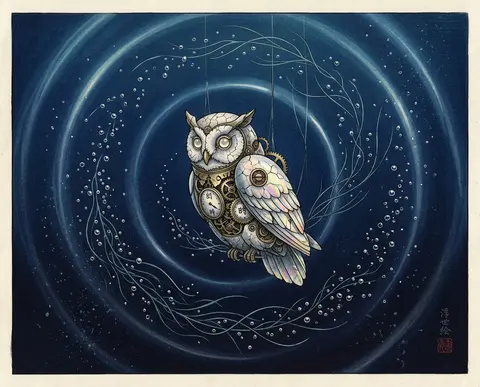An intimate ukiyo-e woodblock print of a clockwork owl suspended in an underwate - AI生成图片 1