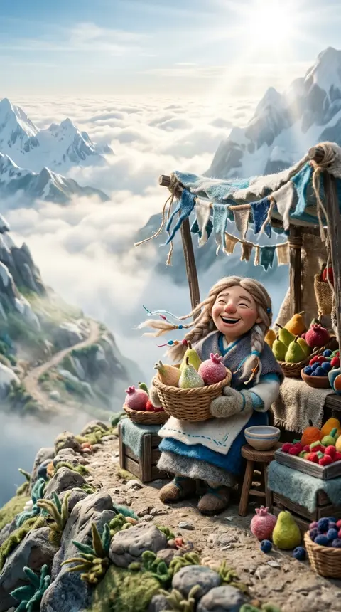 A jubilant claymation stop-motion tableau of a fictional fruit seller perched be - AI生成图片 1