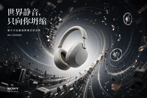 为Sony WH-1000XM5降噪耳机制作「万有引力」产品广告海报。主体：Sony WH-1000XM5降噪耳机悬浮于视觉中心，作为强大引力源，将可视化声波波 - AI生成图片 3