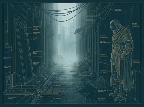 blueprint schematic of an elderly fisherman pausing in a rain-soaked back alley, - AI生成图片 1