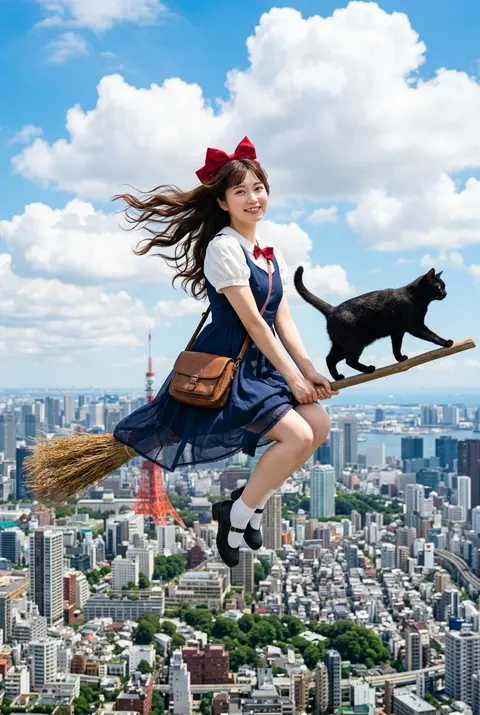 主題： 空の便 人物・表情： 20代女性。赤い大きなリボンを頭につけ、暗めのブラウンロングヘアが上空の風で画面左へ大きく流れている。清潔感のある日系メイク、自 - AI生成图片 2