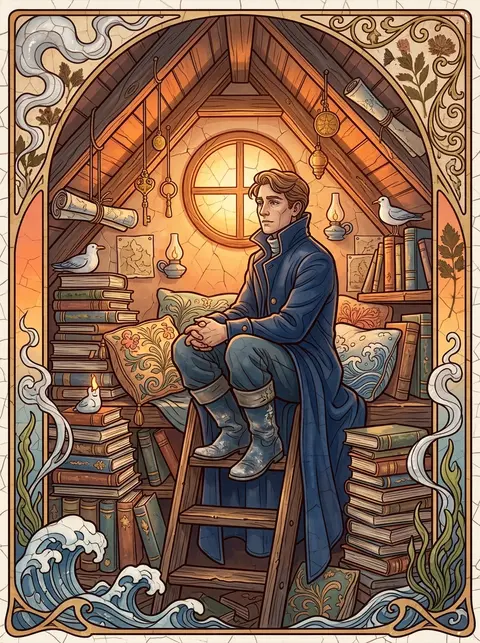 An intimate art nouveau poster of a solitary lighthouse keeper seated cross-legg - AI生成图片 1