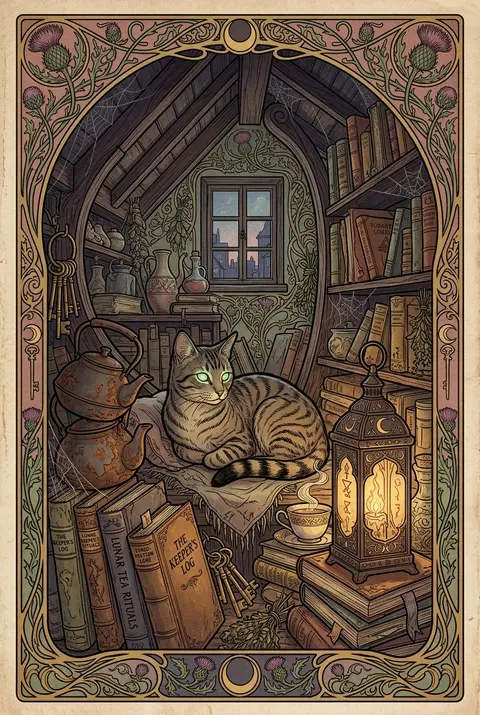 A tea-house cat perched inside a cozy cluttered attic library, half-lit by a sin - AI生成图片 2