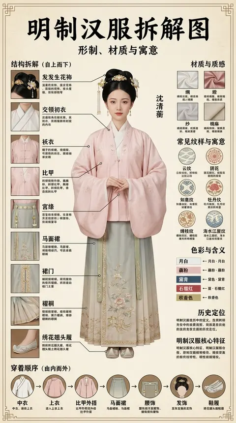 一张超高细节的中文古风服饰科普信息图海报，主题为“明制汉服拆解图”，竖版对称构图，米白色旧纸背景，带轻微做旧纹理与宣纸纤维质感，整体色调温柔淡雅，以月白、藕粉、 - AI生成图片 2