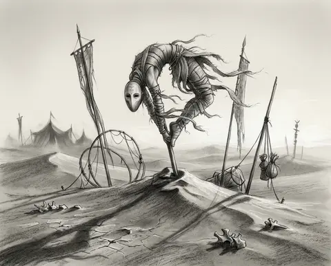 A masked carnival acrobat poised atop a wind-carved cairn in a vast desert at da - AI生成图片 2