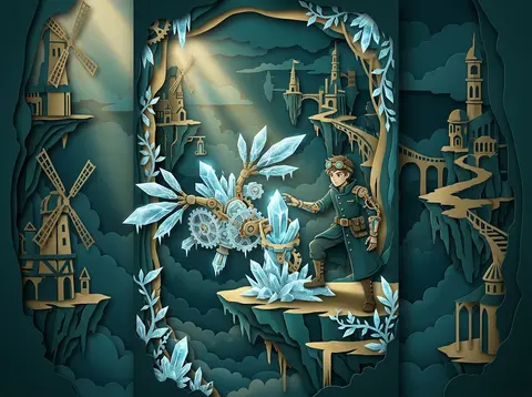 史诗感十足的竖版视觉作品，仿佛悬挂在云海中的巨大纸雕舞台：一位年轻发明家站在层层漂浮天岛之间的主岛边缘，半蹲在一台自制的奇异飞行装置旁，神情坚定，像在启动一场改 - AI生成图片 3