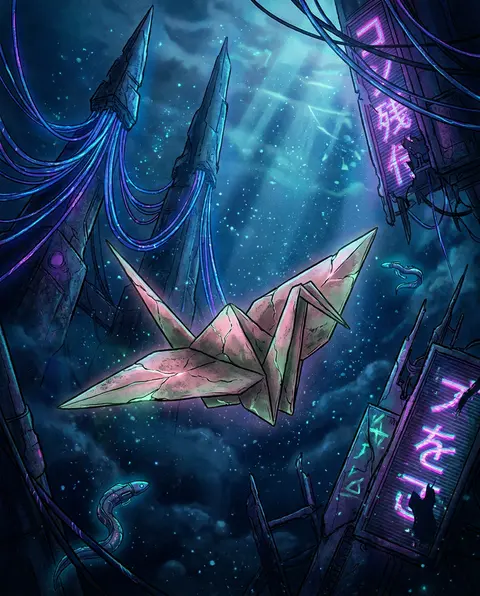 A tense cinematic cyberpunk neon illustration of a living origami paper crane dr - AI生成图片 4