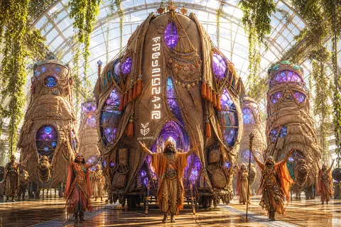 A radiant cyberpunk neon illustration of a jubilant desert nomad caravan staged - AI生成图片 2